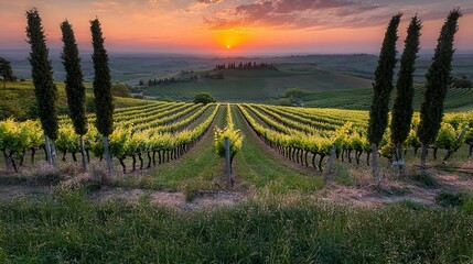 Poster -   The sun sets over a vineyard, trees in the foreground, grass in the background, and rolling hills