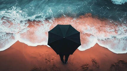   Aerial shot of a person with an umbrella on a beach beside crashing waves