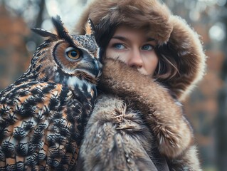 Wall Mural - artistic woman street fashion portrait, woman wearing brown leather coat with owl bird pet in urban city street