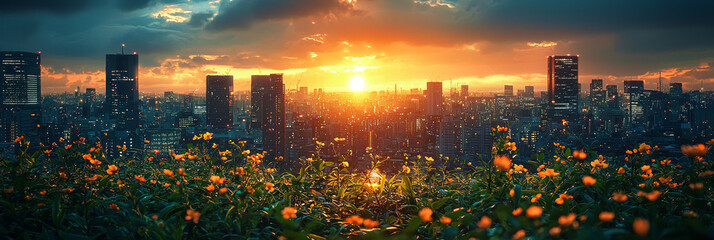 Sticker - A breathtaking sunset casts a warm glow over a cityscape, as seen from a field of vibrant yellow flowers.