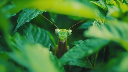 Sticker -   A prayer mantis, photographed atop a leafy plant The background is filled with green foliage