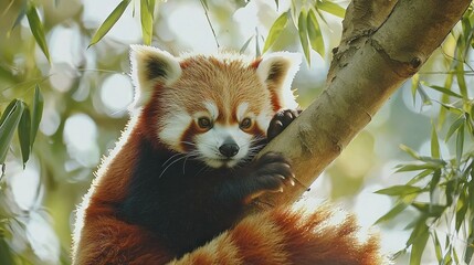 Wall Mural -   Red panda on top of green leafy tree with many leaves