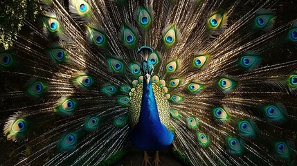 Sticker -   A close-up of a peacock with its feathers spread wide and tail feathers spread out