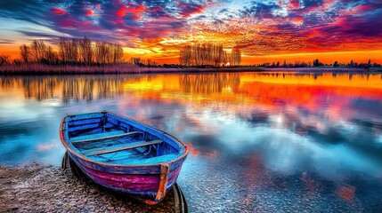 Wall Mural -   A boat sits atop a beach beside a vibrant sky and body of water