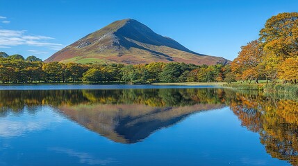 Canvas Print -  A mirror-like lake reflects a majestic mountain, encircled by vibrant autumn leaves