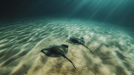   A couple swims near the ocean floor, with sunlight filtering through the water