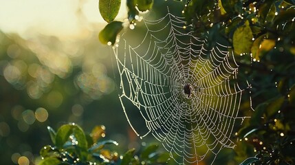 Wall Mural - close-up image of a spider web on a tree with droplets of water on the web
