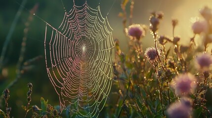 Wall Mural - a field of flowers with a sunny spider web close-up