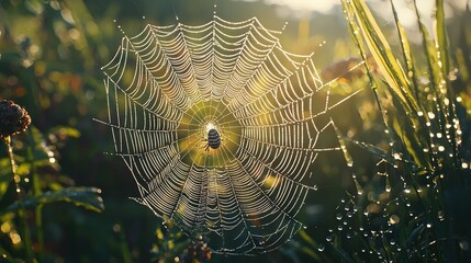 Wall Mural - a spider web with dew drops and a bee in its center, resting in a field