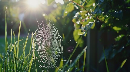 Wall Mural - a spider web rests atop green grass dotted with dew, beside a lush, leafy tree