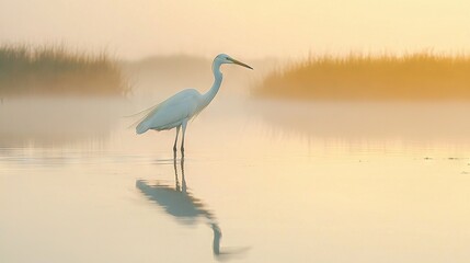 Poster -   A white bird perched amidst a foggy lake, surrounded by reeds