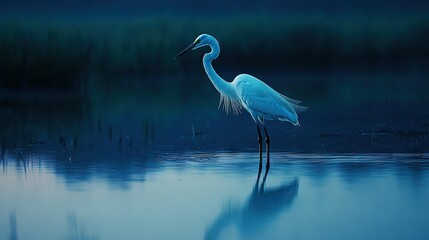 Sticker -   A majestic white heron wading through a tranquil lake