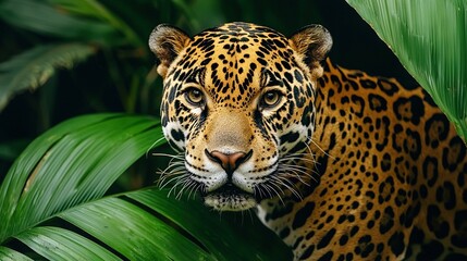 Poster -   A close-up of a leopard's face emerging from the foliage of a jungle plant