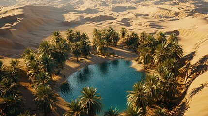 Poster -   A serene body of water encircled by majestic palm trees against a backdrop of golden sands, all set against the grandeur of a towering mountain