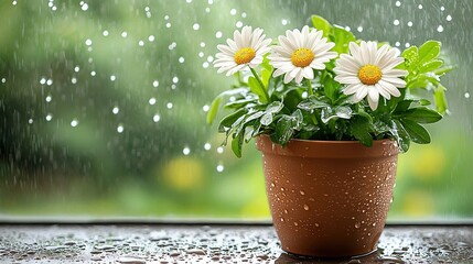 Poster -   A close-up photo of a potted plant sitting on a window sill, with raindrops falling onto the glass window behind it