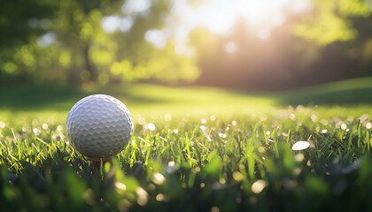 Wall Mural - A close-up of a golf ball resting on the green with a blurred background of trees and sunshine.