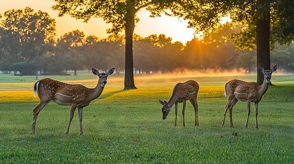 Wall Mural -   Deer grazing in a verdant meadow near a dense woodland