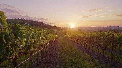 Sticker -   A vineyard bathed in sunset hues, with the sun casting shadows on hills and trees in the foreground and fading into the horizon