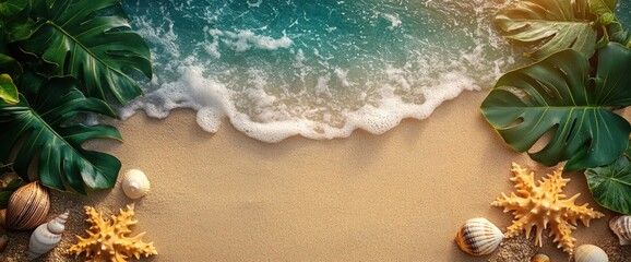 Wall Mural - Tropical beach scene with turquoise water, white foam, seashells and starfish on golden sand.