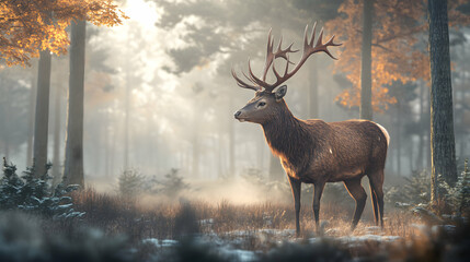 Sticker - A majestic deer stands in a misty forest, bathed in soft, golden light.