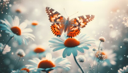 beautiful butterfly on a white daisy, summer season, daisies are blooming