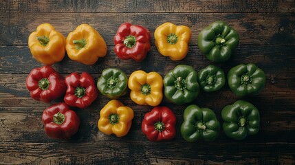 Wall Mural -   A group of red, yellow, and green peppers sits on a wooden table alongside a green pepper