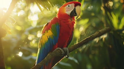 Poster -   Colorful parrot perched on tree branch in tropical setting with sun shining through leaves