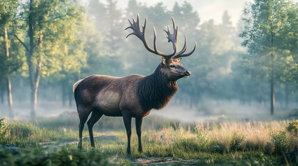 Sticker - Majestic red deer with large antlers standing in a misty forest.