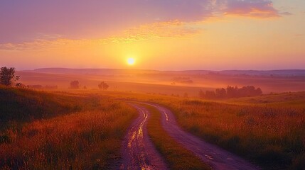 Sticker -   A dirt road surrounded by grass, with trees and the setting sun in the background