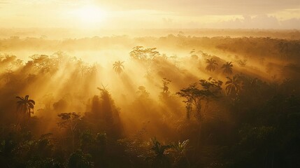 Wall Mural -   A dense forest, where numerous towering trees are bathed in golden sunlight filtering through a hazy sky above