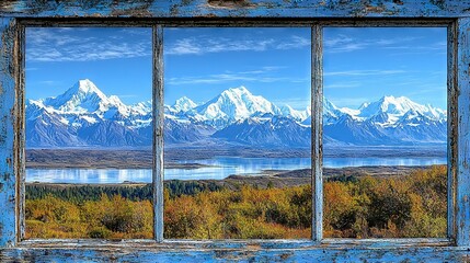 Poster -   A clear view of snow-capped mountains framing a serene lake