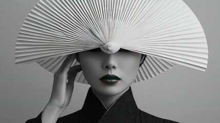 Sticker -   A photo of a woman wearing a white fan on her head She is standing alone against a black and white background