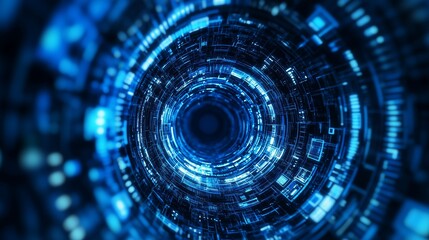 Poster - A futuristic representation of a digital tunnel with swirling blue lights and patterns, showcasing advanced technology and motion