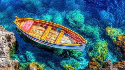 Wall Mural -   Small boat on water near rocky shore with blue-green algae