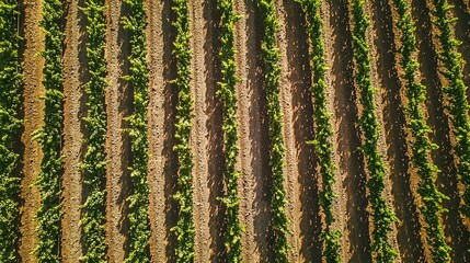 Sticker -   An aerial view of a plowed field with rows of lettuce in the foreground and rows of trees in the background