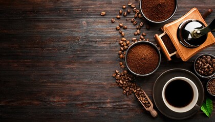 Wall Mural - Coffee background, top view with copy space. Black cup of coffee, ground coffee, mill, bowl of roasted coffee beans on dark wooden background
