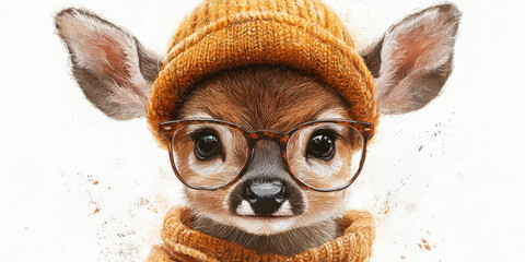 Wall Mural - A cute fawn wearing a knitted beanie and glasses, looking directly at the camera.