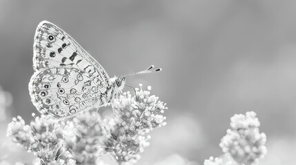 Sticker -   Black and white image of a butterfly perched on a flowering plant surrounded by white blooms