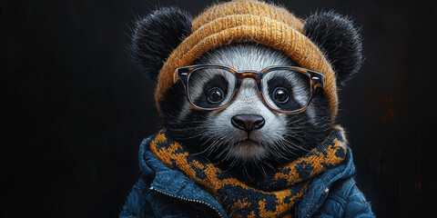 Wall Mural - A cute panda wearing a beanie, glasses, and a scarf.