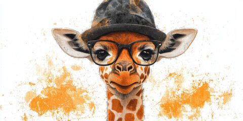 Wall Mural - A cute giraffe wearing a hat and glasses. The giraffe is looking directly at the camera. The background is a white with orange splatter paint.