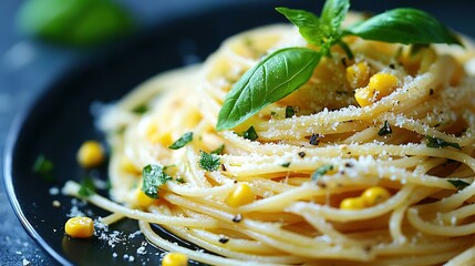   Blue plate, pasta with corn & parmesan, leafy green garnish