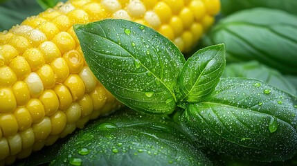 Poster -   A detailed image of an ear of corn adorned with moisture-laden droplets and verdant foliage above