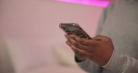 Aufkleber - Phone, hands of girl and typing at neon lights for contact, message and blog post at home. Influencer, mobile and texting in bedroom for social media update, communication and networking on internet