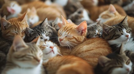 Poster -   A cluster of feline companions lounging together on a bed of their kindred