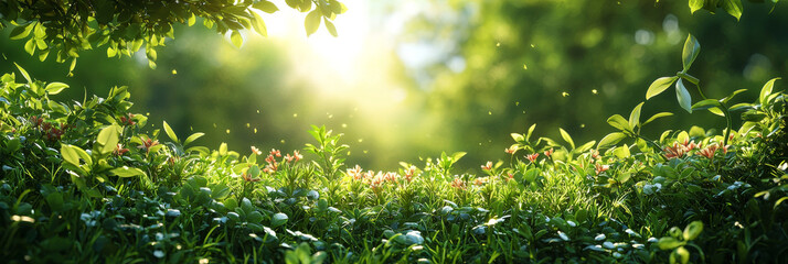 Sticker - Sunlight filters through lush green leaves, illuminating a vibrant meadow with delicate pink flowers.