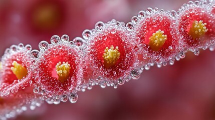 Wall Mural -   A close-up of a red and yellow object with droplets of water on it and a red and yellow object in the foreground