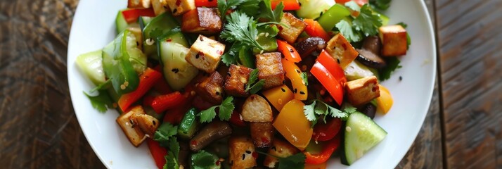 Wall Mural - Crispy salad featuring cucumbers, wood ear mushrooms, tofu skin, bell peppers, and cilantro for a flavorful and healthy option.