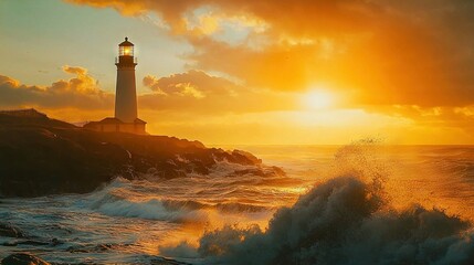 Poster -   A lighthouse perched atop a cliff, overlooking a tranquil sea with rolling waves