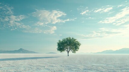   A solitary tree rises amidst an endless sea of flat terrain, its distant mountain silhouette visible against the horizon