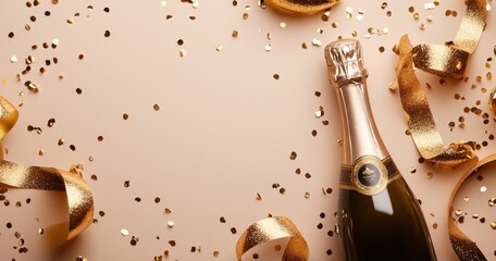 Poster - A flat lay on a beige background with golden confetti and ribbons, and a champagne bottle on the right side of the composition, with ample copy space for text in the center Generative AI